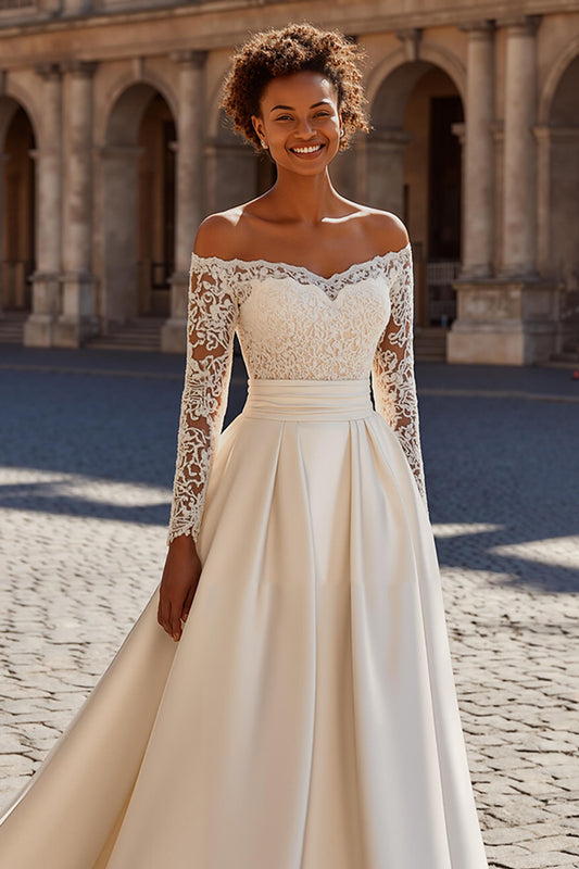 Ivory Satin Princess Off the Shoulder Sweep Train Wedding Dress with Sleeves