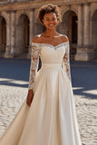 Ivory Satin Princess Off the Shoulder Sweep Train Wedding Dress with Sleeves