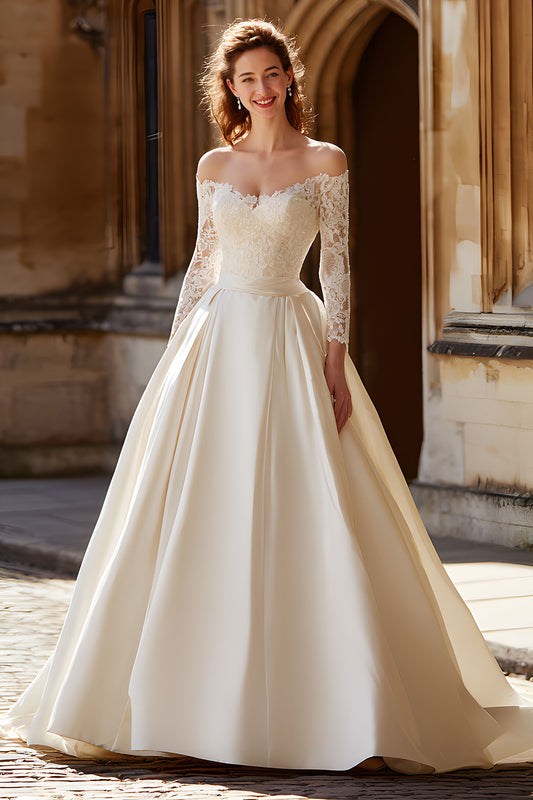 Ivory Satin Princess Off the Shoulder Ball Gown Wedding Dress with Sleeves