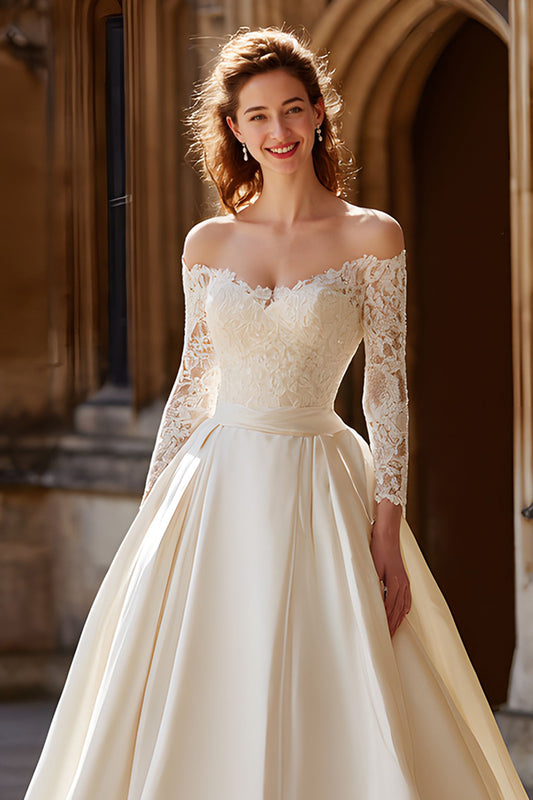 Ivory Satin Princess Off the Shoulder Ball Gown Wedding Dress with Sleeves
