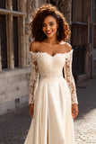 Ivory Satin Off the Shoulder Long Sleeves A-Line Wedding Dress