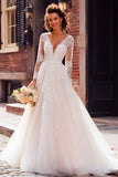 Ivory Tulle V-Neck Princess Long Sleeves Wedding Dress with Appliques