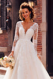 Ivory Tulle V-Neck Princess Long Sleeves Wedding Dress with Appliques
