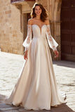 Ivory Satin Off the Shoulder Princess Wedding Dress with Sleeves