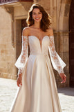 Ivory Satin Off the Shoulder Princess Wedding Dress with Sleeves
