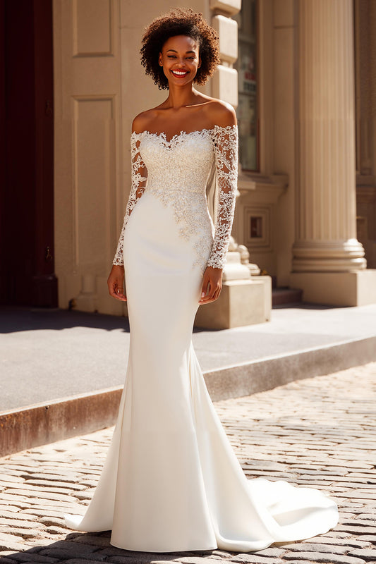 Ivory Satin Off the Shoulder Mermaid Sweep Train Wedding Dress with Sleeves