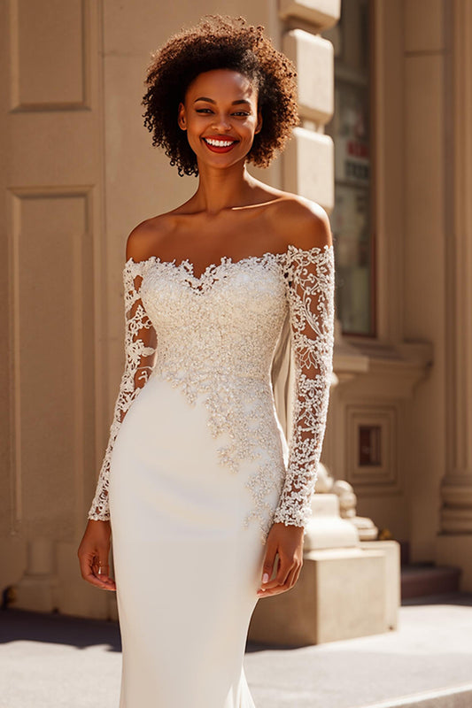 Ivory Satin Off the Shoulder Mermaid Sweep Train Wedding Dress with Sleeves