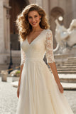 Ivory Chiffon V-Neck A-Line Half Sleeves Wedding Dress with Sleeves