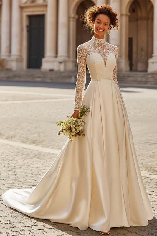 Ivory High Neck Princess Satin Sweep Train Wedding Dress with Sleeves