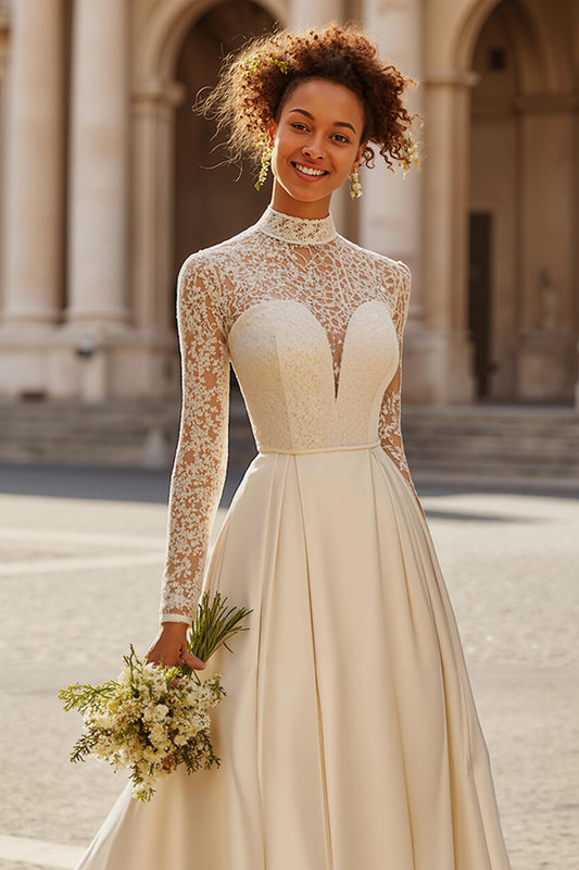 Ivory High Neck Princess Satin Sweep Train Wedding Dress with Sleeves