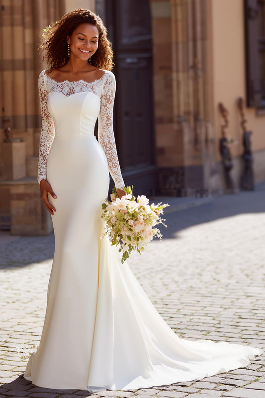 White Chiffon Mermaid Boat Neck Sweep Train Wedding Dress with Sleeves