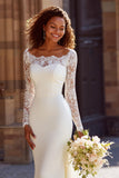 White Chiffon Mermaid Boat Neck Sweep Train Wedding Dress with Sleeves