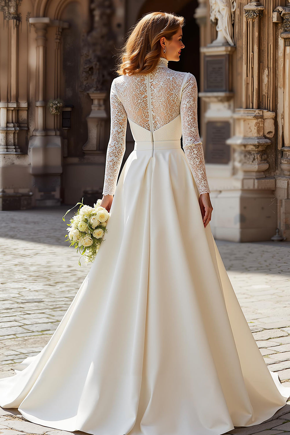 Ivory High Neck Satin Princess Long Sleeves Wedding Dress
