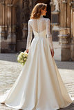 Ivory High Neck Satin Princess Long Sleeves Wedding Dress