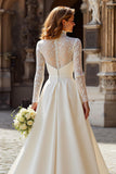 Ivory High Neck Satin Princess Long Sleeves Wedding Dress