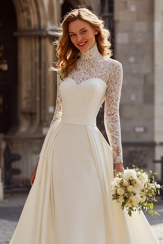 Ivory High Neck Satin Ball Gown Long Sleeves Sweep Train Wedding Dress