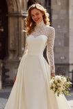 Ivory High Neck Satin Ball Gown Long Sleeves Sweep Train Wedding Dress