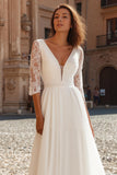 Ivory V-Neck Chiffon A-Line Wedding Dress with Sleeves