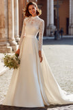 Vintage Ivory High Neck Satin Ball Gown Wedding Dress with Sleeves