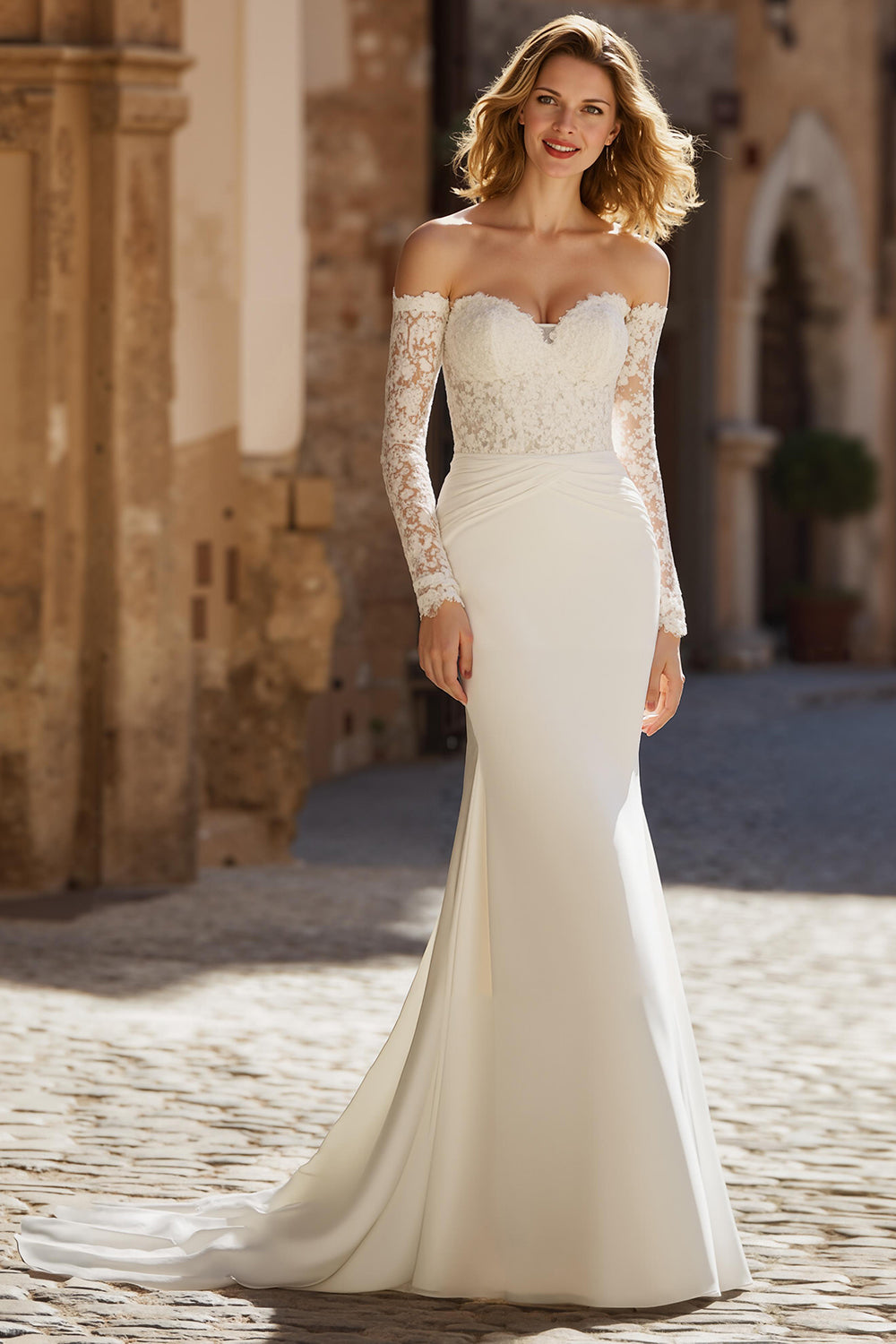 Ivory Mermaid Chiffon Off the Shoulder Wedding Dress with Sleeves