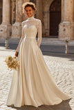 Ivory High Neck Ball Gown Vintage Satin Wedding Dress with Sleeves
