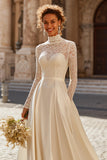 Ivory High Neck Ball Gown Vintage Satin Wedding Dress with Sleeves
