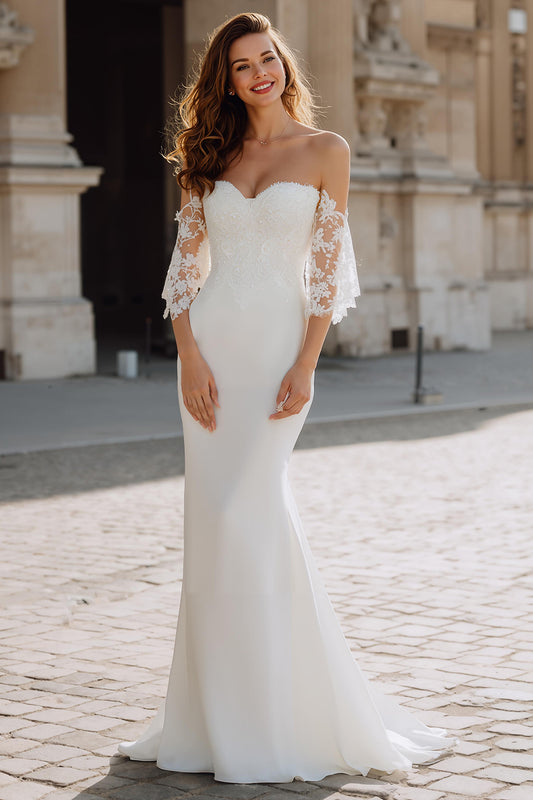 White Off the Shoulder Chiffon Mermaid Wedding Dress with Sleeves