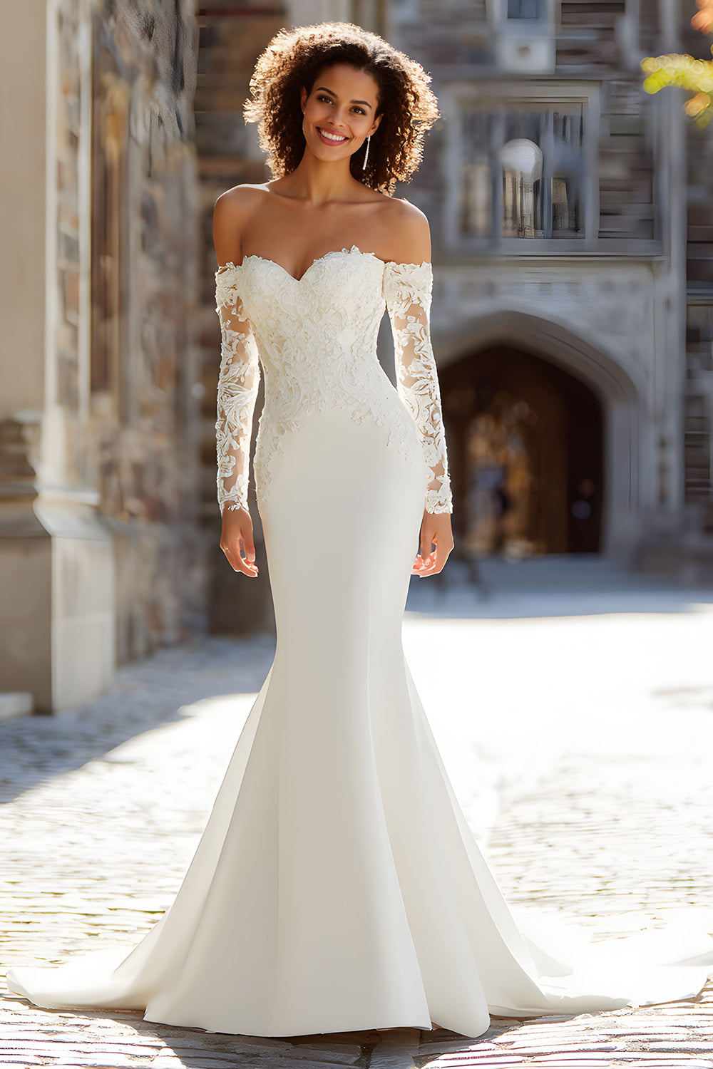 White Satin Mermaid Long Sleeves Wedding Dress with Lace