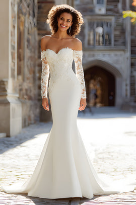 White Satin Mermaid Long Sleeves Wedding Dress with Lace