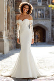 White Satin Mermaid Long Sleeves Wedding Dress with Lace