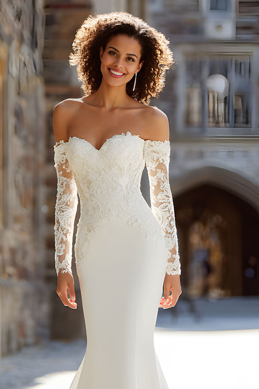 White Satin Mermaid Long Sleeves Wedding Dress with Lace