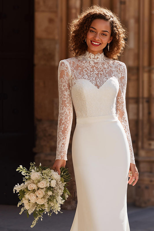Ivory Chiffon High Neck Mermaid Vintage Wedding Dress with Sleeves