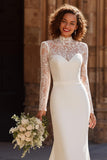 Ivory Chiffon High Neck Mermaid Vintage Wedding Dress with Sleeves