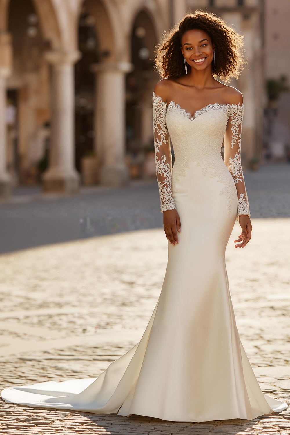 Ivory Mermaid Satin Sweep Train Wedding Dress with Sleeves