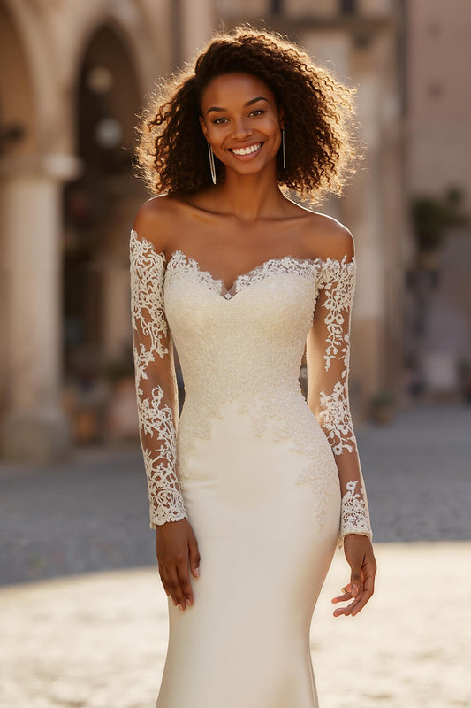 Ivory Mermaid Satin Sweep Train Wedding Dress with Sleeves