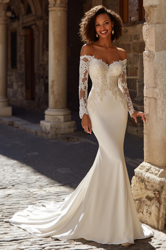 Ivory Satin Long Sleeves Sweep Train Mermaid Wedding Dress