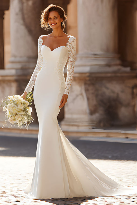 White Satin Mermaid Sweep Train Wedding Dress with Sleeves
