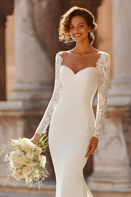 White Satin Mermaid Sweep Train Wedding Dress with Sleeves