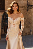 Champagne Satin Off the Shoulder Long Wedding Dress with Sleeves