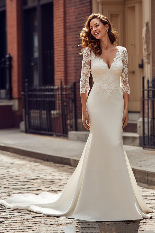 Ivory Chiffon Mermaid V-Neck Sweep Train Wedding Dress with Lace