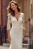 Ivory Chiffon Mermaid V-Neck Sweep Train Wedding Dress with Lace