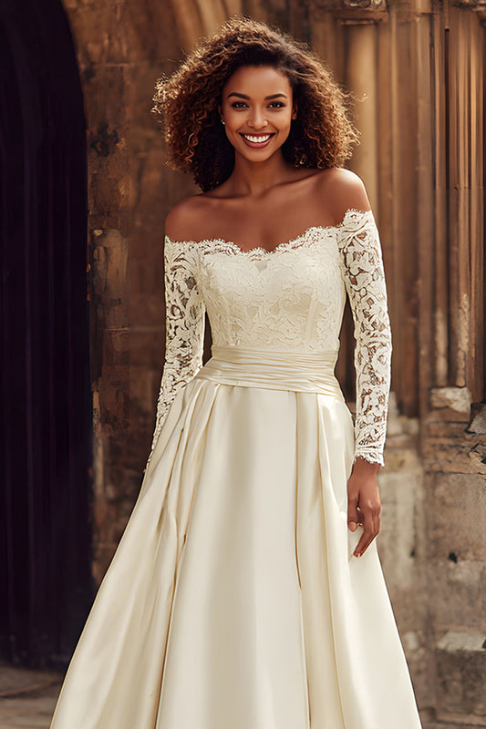 Ivory Off the Shoulder Satin Princess Long Sleeves Wedding Dress with Lace