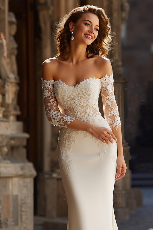 Ivory Satin Mermaid Off the Shoulder Wedding Dress with Sleeves