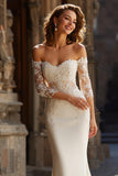Ivory Satin Mermaid Off the Shoulder Wedding Dress with Sleeves