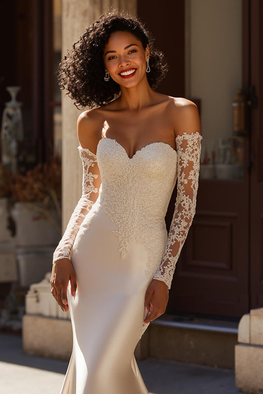 Ivory Satin Mermaid Sweep Train Wedding Dress with Sleeves