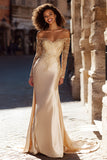 Champagne Satin Off the Shoulder Mermaid Sweep Train Wedding Dress with Sleeves