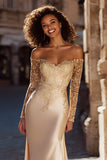Champagne Satin Off the Shoulder Mermaid Sweep Train Wedding Dress with Sleeves