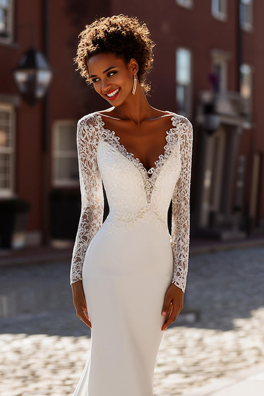 White Chiffon Mermaid V-Neck Long Sleeves Sweep Train Wedding Dress