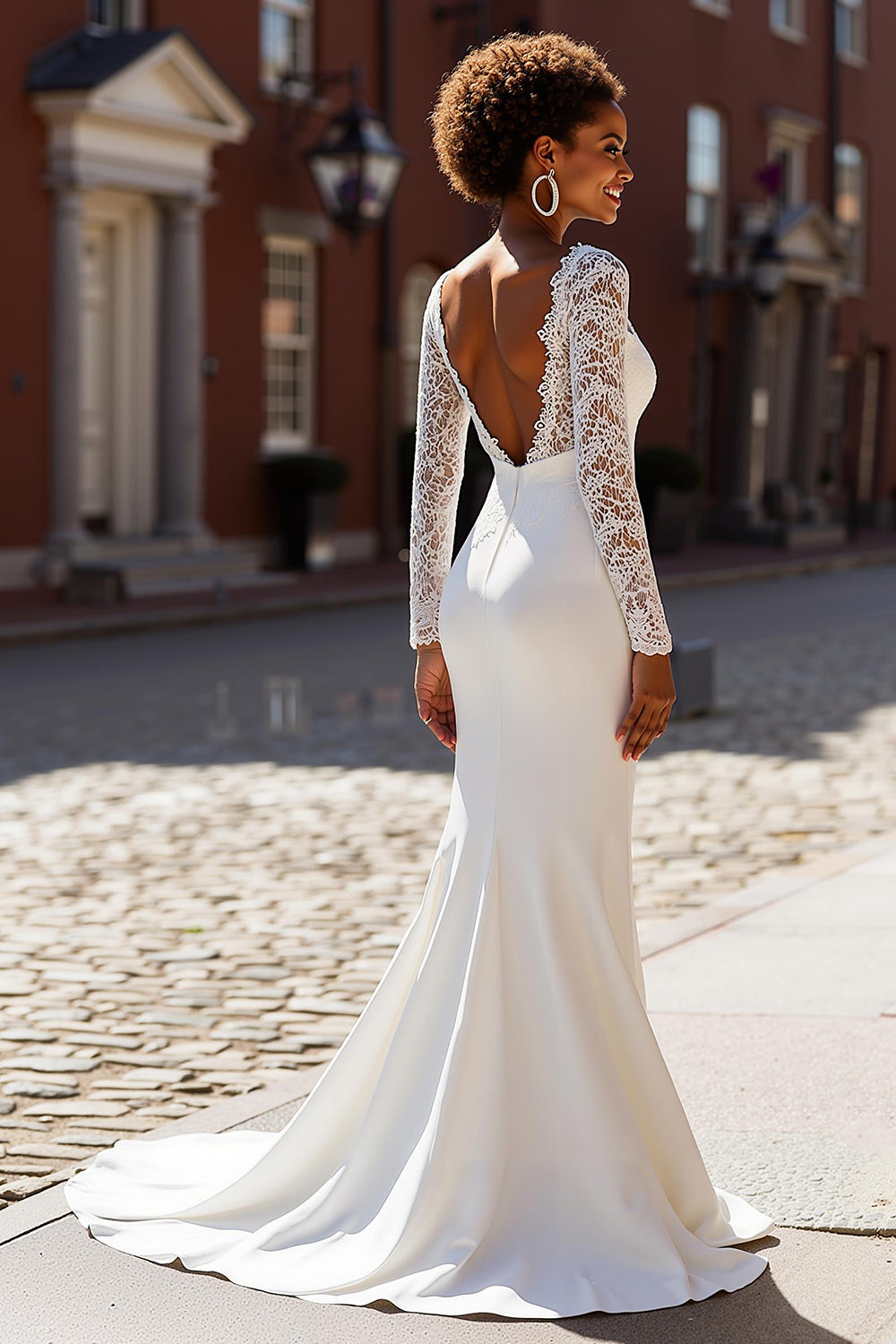 White Chiffon Mermaid V-Neck Long Sleeves Sweep Train Wedding Dress