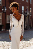 White Chiffon Mermaid V-Neck Long Sleeves Sweep Train Wedding Dress